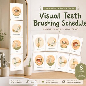 Könnte beinhalten: Ein Set aus acht druckbaren Karten mit einem visuellen Zähneputzplan für Kinder. Jede Karte zeigt eine Schritt-für-Schritt-Illustration der Mundhygiene mit Textbeschriftungen. Die Karten haben das Format A6 und zeigen tägliche Routinen.
