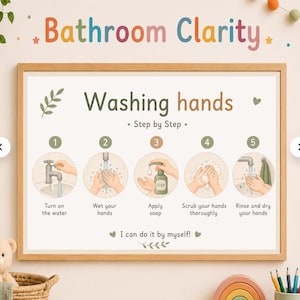Könnte beinhalten: Ein gerahmtes Poster mit den Worten "Bathroom Clarity" oben. Das Poster zeigt die Schritte zum Händewaschen, einschließlich Wasser aufdrehen, Hände befeuchten, Seife auftragen, abreiben und trocknen. Der Text "I can do it by myself!" steht unten.
