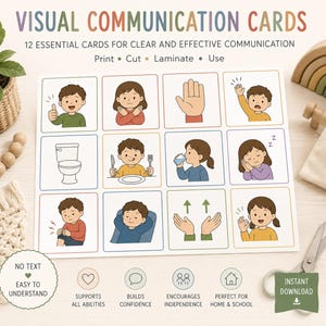 May include: A set of 12 visual communication cards featuring colorful illustrations of children performing various actions and gestures, including a thumbs up, a toilet, eating, sleeping, and hand signals, all arranged in a grid on a white sheet.