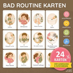 Op de afbeelding: Een set van 24 badkamer routinekaarten getiteld BAD ROUTINE KARTEN, met illustraties van kinderen die hygiënetaken uitvoeren. De kaarten zijn in A6-formaat en meten 105 x 148 mm, inclusief iconen voor zelfstandigheid en instructies voor gebruik.
