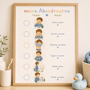 Può includere: Un poster incorniciato intitolato 'meine Abendroutine' che mostra sei passaggi illustrati per la routine serale di un bambino, tra cui lavarsi i denti, lavarsi il viso, spogliarsi, mettersi il pigiama, andare in bagno e lavarsi le mani.