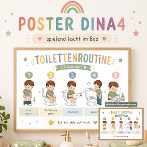 Könnte beinhalten: Ein rechteckiges Poster mit dem Titel TOILETTENROUTINE, das fünf nummerierte Schritte mit Illustrationen eines Kindes bei der Toilettennutzung zeigt. Die Schritte umfassen Hose runter, auf Toilette gehen, Abwischen, Spülen und Händewaschen, inklusive der Texte Ich kann das! und Ich bin stolz auf mich!.