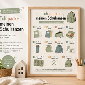 Może przedstawiać: Oprawiony plakat z wizualną listą kontrolną zatytułowany Ich packe meinen Schulranzen, przedstawiający jedenaście ponumerowanych kroków z ilustracjami przyborów szkolnych, takich jak plecak, książki, piórnik, śniadaniówka i klucze.