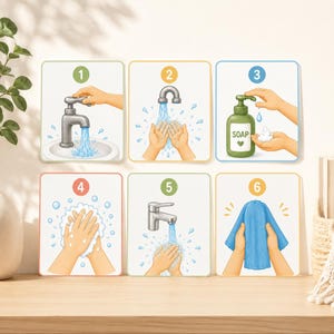 Tvätta händerna-kort för småbarn | Visuella handtvättskort | Montessori badrumsrutin | Utskrivbar hygien för förskola