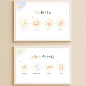 Könnte beinhalten: Zwei gerahmte Drucke mit Aquarellillustrationen. Der obere Druck zeigt "Toilette" und zeigt Schritte zur Toilettenbenutzung, einschließlich Händewaschen. Der untere Druck zeigt "alles fertig" und zeigt Schritte zum Abschluss, wie z. B. das Schließen des Deckels.
