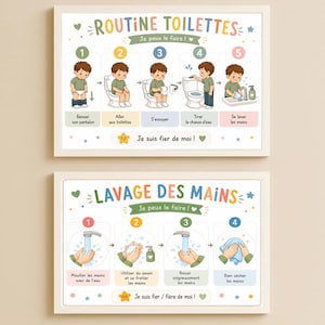 May include: Two framed educational posters with white borders. The top poster, titled ROUTINE TOILETTES, shows five steps for toilet training with a cartoon child. The bottom poster, titled LAVAGE DES MAINS, shows four steps for hand washing.