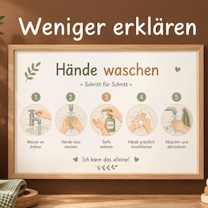 Puede incluir: Un póster instructivo enmarcado titulado Weniger erklären Hände waschen con cinco ilustraciones numeradas que muestran los pasos para lavarse las manos, incluyendo texto en alemán, en un marco de madera clara.