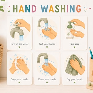 Könnte beinhalten: Ein Set aus sechs Lernkarten mit der Überschrift HAND WASHING, die Schritte zum Händewaschen zeigen: Wasser aufdrehen, Hände nass machen, Seife nehmen, Hände einseifen, abspülen und abtrocknen. Jede Karte enthält eine Illustration und Text.