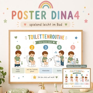 Op de afbeelding: Een rechthoekige poster met de titel TOILETTE ROUTINE met vijf genummerde stappen en illustraties van een kind dat het toilet gebruikt. De stappen omvatten broek naar beneden, op het toilet gaan, afvegen, doortrekken en handen wassen, inclusief de teksten Ich kann das! en Ich bin stolz auf mich!.