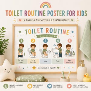 May include: A framed poster titled TOILET ROUTINE FOR KIDS with a rainbow icon. It features five numbered steps with illustrations of a child: pull pants down, sit on the toilet, wipe, flush, and wash hands, with the text I am proud of myself.