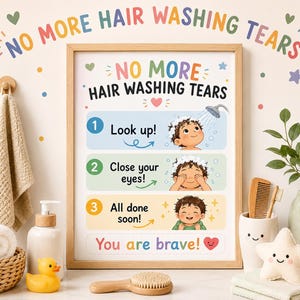 May include: A framed instructional poster titled NO MORE HAIR WASHING TEARS with three numbered steps featuring illustrations of a child washing hair. The text includes Look up!, Close your eyes!, All done soon!, and You are brave! with colorful hearts.
