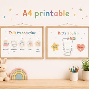 Op de afbeelding: Twee ingelijste prints met houten frames. Eén print toont een stapsgewijze handleiding voor het gebruik van het toilet, de andere toont een toilet met de woorden "Bitte spülen". De woorden "A4 printable" staan bovenaan.
