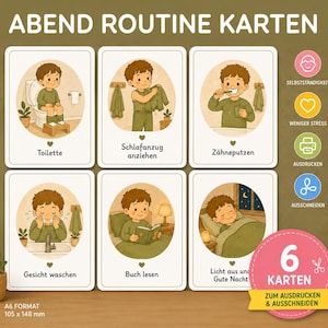 Op de afbeelding: Set van zes geïllustreerde kaarten met de avondroutine van een kind. De kaarten tonen activiteiten zoals naar het toilet gaan, pyjama aantrekken, tanden poetsen, gezicht wassen, lezen en naar bed gaan. De kaarten zijn in het Duits.