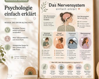 May include: A framed educational poster titled Das Nervensystem einfach erklärt, featuring a central illustration of a human brain and nervous system. It includes four color-coded sections detailing nervous system states and regulation techniques.