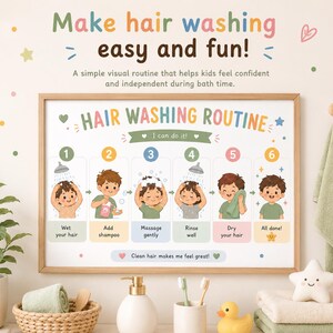 Hair Washing Routine Poster for Kids | Boy & Girl Version | Visual Bath Time Chart | Montessori Bathroom Printable | Hair Wash Steps PDF