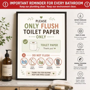 Letrero "Solo papel higiénico" | Reglas del baño imprimibles | Letrero "No tirar toallitas húmedas" | Póster de etiqueta en el baño | Letrero para el baño | Decoración de baño