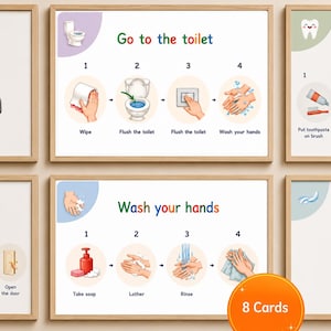 Könnte beinhalten: Ein Set aus pädagogischen Postern mit visuellen Schritt-für-Schritt-Anleitungen für tägliche Hygieneroutinen. Die Karten zeigen Abläufe für den Toilettengang und das Händewaschen mit nummerierten Schritten, bunten Symbolen und klaren Texten.