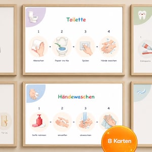 Bad Routine Karten Kinder | Badezimmer Routine Set | 8 Poster Bundle | Zähneputzen, Händewaschen, Toilette | Montessori Kinder Karten