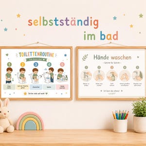 Könnte beinhalten: Zwei gerahmte Lernposter mit hellem Holzrahmen. Das linke Poster zeigt eine Toilettenroutine in fünf Schritten mit Illustrationen und deutschem Text. Das rechte Poster illustriert das Händewaschen in fünf Schritten mit Text.