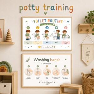 Könnte beinhalten: Zwei gerahmte Lernposter mit Schritt-für-Schritt-Illustrationen für die Toilettenroutine und das Händewaschen. Das obere Poster zeigt fünf Schritte für das Töpfchentraining, das untere Poster erklärt das Händewaschen mit Text.
