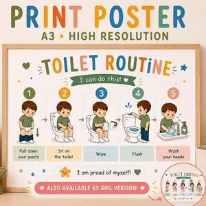 May include: A rectangular A3 print poster titled Toilet Routine featuring five numbered steps with illustrations of a child using the toilet. The steps include pulling down pants, sitting, wiping, flushing, and washing hands, with the text I can do this.