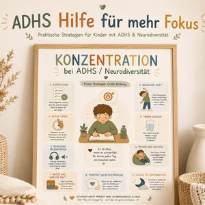 Può includere: Un poster educativo incorniciato intitolato KONZENTRATION bei ADHS / Neurodiversität che presenta nove strategie illustrate per la concentrazione. Il design include un'immagine centrale di una persona che scrive, circondata da icone e testo in tedesco.