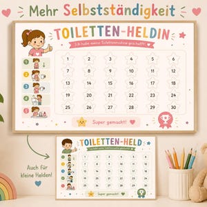 Könnte beinhalten: Zwei rechteckige Belohnungstafeln mit Holzrahmen. Die obere Tafel zeigt den Text TOILETTEN-HELDIN und ein 30-Tage-Sternraster. Die untere Tafel zeigt den Text TOILETTEN-HELD und ein 30-Tage-Sternraster. Beide enthalten nummerierte Schritte für die Routine.