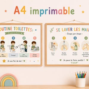Affiches Routine Salle de Bain Enfant | 3 Posters Montessori à Imprimer | Routinetoiletten, lavage des mains en hygiëne | PDF-A4