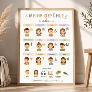 May include: A framed educational poster titled MEINE GEFÜHLE featuring twelve illustrated children expressing various emotions like joy, sadness, and anger, with German text labels and a bottom section titled WAS HILFT MIR showing coping activities.