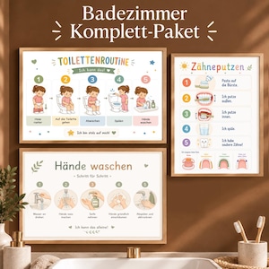 Op de afbeelding: Drie ingelijste educatieve posters met de titels Badezimmer Komplett-Paket, TOILETTENROUTINE, Zähneputzen en Hände waschen. De posters tonen genummerde stappen met illustraties van een kind dat het toilet gebruikt, tandenpoetst en handen wast met Duitse tekst.