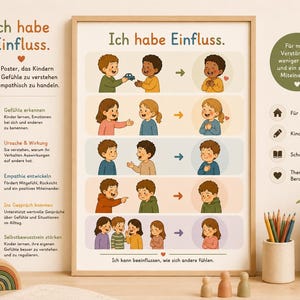 May include: A framed educational poster titled Ich habe Einfluss featuring five horizontal rows of illustrated children interacting in various social scenarios, showing cause and effect of behaviours on emotions with German text throughout the design.