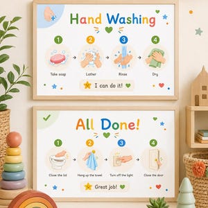 Lavado de manos y rutina de baño | Horario visual de baño para niños | Conjunto de pósteres imprimibles Montessori | Rutina de higiene para niños pequeños | PNG