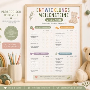 May include: A framed developmental milestone chart for children aged 2-3 years, featuring categories for language, motor skills, social-emotional growth, and independence. The poster includes checkboxes, a teddy bear illustration, and text in German.