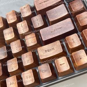 Puede incluir: Primer plano de un teclado de madera con varias teclas visibles. Las teclas son de color marrón cálido y presentan letras blancas. Las teclas incluyen "Enter", "Mayús", "Ctrl" y otros símbolos.