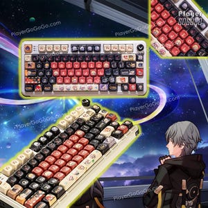 Może przedstawiać: Biała klawiatura mechaniczna z niestandardowymi nakładkami na klawisze z postaciami w stylu anime. Klawisze są mieszanką czerwieni, czerni i bieli, a niektóre klawisze wyświetlają znaki japońskie. Klawiatura ma srebrną ramę i jest pochylona dla ergonomicznego użytkowania.