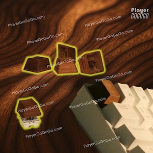 May include: Close-up of wooden keyboard keycaps in various stages of assembly, with a focus on the brown wood grain. The keycaps are shown individually and attached to a white keyboard. The image has the text "PlayerGoGoGo.com" and "GOGOGO".