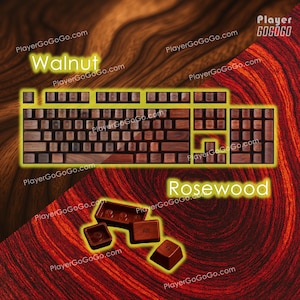 May include: A wooden keyboard with walnut and rosewood keycaps. The keyboard is displayed on a wood grain background. The word "Walnut" is written in yellow above the keyboard, and "Rosewood" is written below.