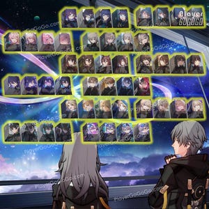 Może przedstawiać: Cyfrowe dzieło sztuki przedstawiające wiele portretów postaci w siatce, każdy z unikalnymi fryzurami i wyrazami twarzy. Tło przedstawia gwiaździste niebo i dwie postacie patrzące na widok. Widoczny jest tekst "Player GoGoGo".