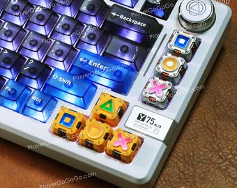 Handgjorda PSP/PlayStation Heritage Artisan-tangentknappar, 3D-ljusgenomsläppande PlayStation-tema med 4 geometriska former för knappar för spelkonsoler