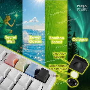 Peut inclure: Un clavier d'ordinateur avec des touches colorées et une touche noire avec un support de parfum solide remplaçable. L'image présente le texte "Secret Wish", "Power Ocean", "Bamboo Forest" et "Cologne".