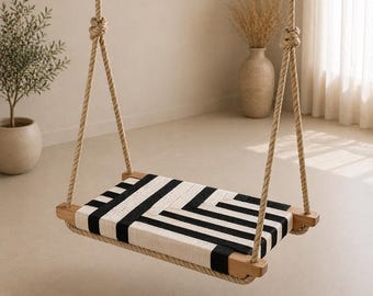 Boho Hanging Swing Chair | Woven Cotton Rope Hammock Seat | Indoor Outdoor Wooden Swing | Minimalist Balcony Patio Decor | Handmade Chair