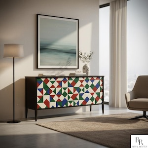 Modern Geometric Inlay Sideboard – Colorful Wood Credenza, Handmade Storage Cabinet, Mid-Century Modern Console Table, Boho Furniture