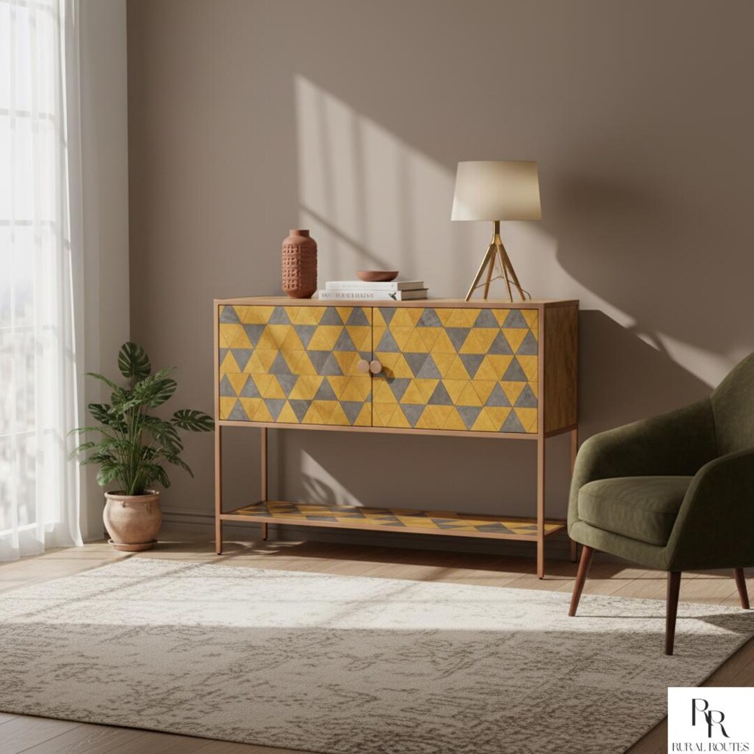 Modern Bone Inlay Modern Bone Inlay Sideboard Buffet Cabinet – Yellow & Grey Geometric ...