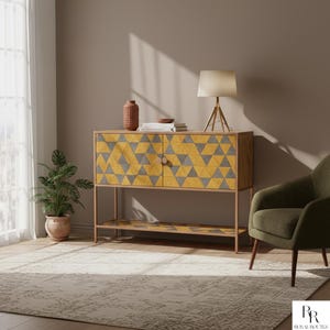 Modern Bone Inlay Sideboard Buffet Cabinet – Yellow & Grey Geometric Credenza, Contemporary Inlaid Console Table, Handmade Storage Furniture