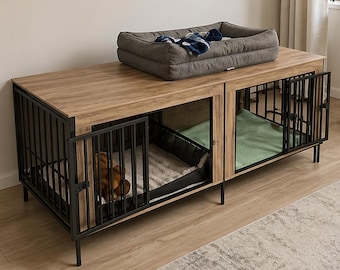 Multi-Functional Dog Crate Furniture – Wooden & Metal Kennel with Side Door, Chew-Resistant Heavy Duty Cage