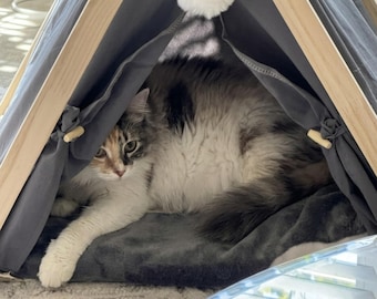 Wooden Pet Tent Bed, Cozy Dog House, Foldable Puppy Shelter, Indoor Cat & Small Dog Bed
