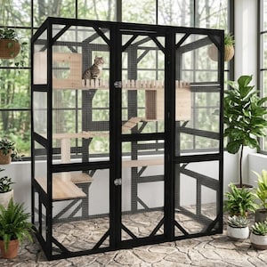 Large Outdoor Cat Enclosure with Cat House, Multi-Level Catio Playpen, Walk-In Wooden Cage