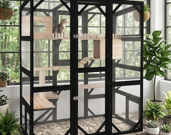 Large Outdoor Cat Enclosure with Cat House, Multi-Level Catio Playpen, Walk-In Wooden Cage