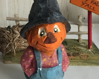 4 inch Wood carving Halloween fall pumpkin scarecrow overalls.