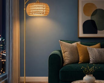 Gold Rattan Boho Floor Lamp with Remote, Dimmable Arc Brass Standing Lamp, 3 Color Temperature Light for Living Room Bedroom Corner